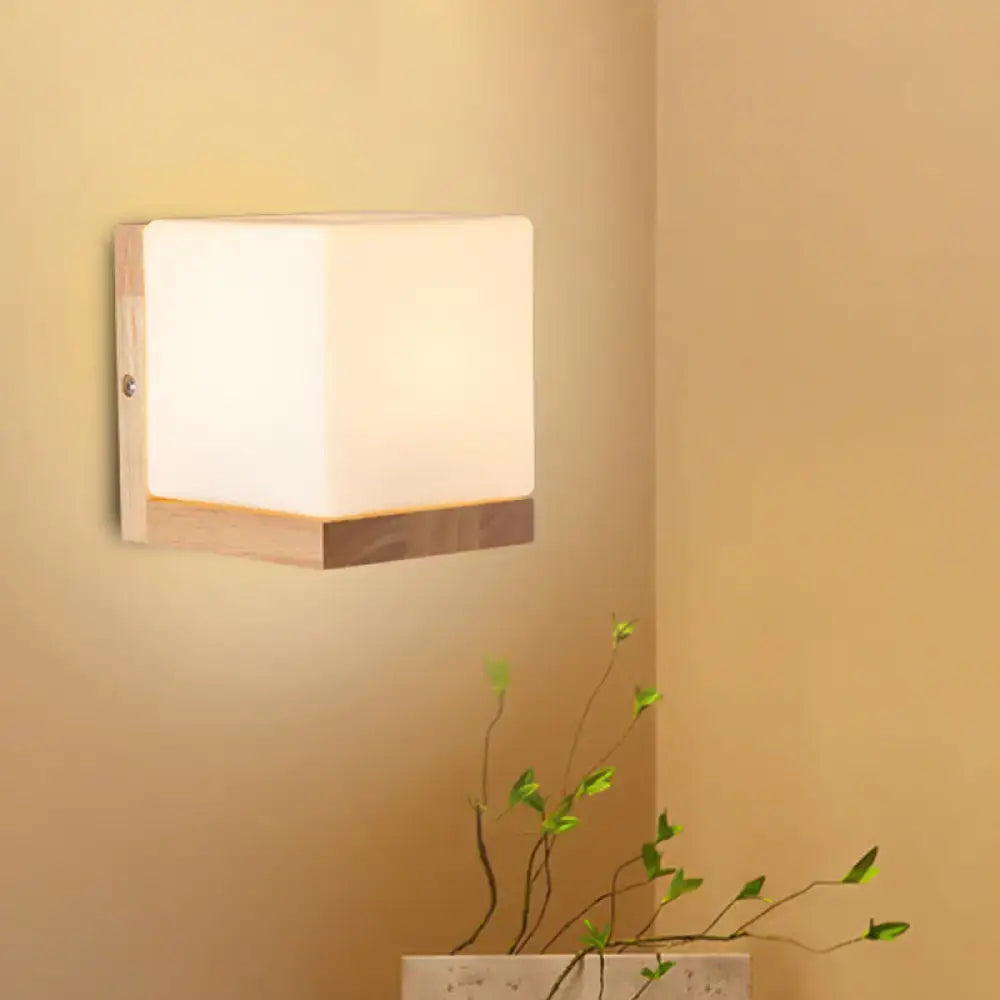 White cube wall sconce with wood base, warm glow by Decorbites on Tampa Home & Garden Store