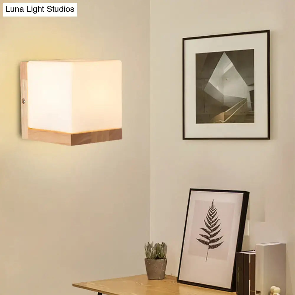 White Cube Wall Sconce with natural wood base, warm ambient light by Decorbites on Tampa Home & Garden Store
