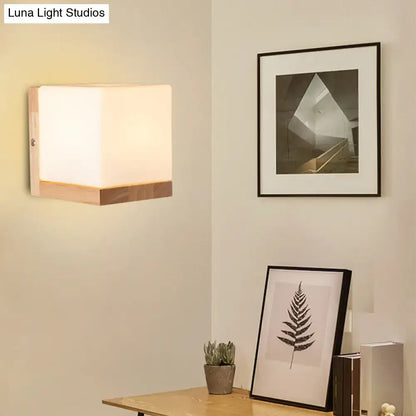 White Cube Wall Sconce with natural wood base, warm ambient light by Decorbites on Tampa Home & Garden Store