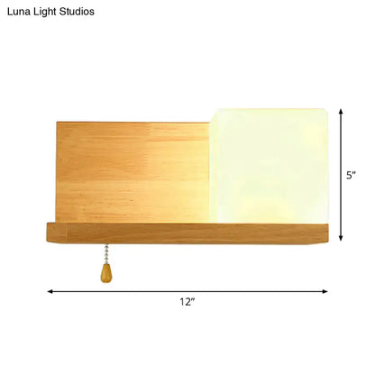Beige wood cubic wall sconce with frosted glass block, pull chain, 12-inch wide Decorbites on Tampa Home & Garden Store