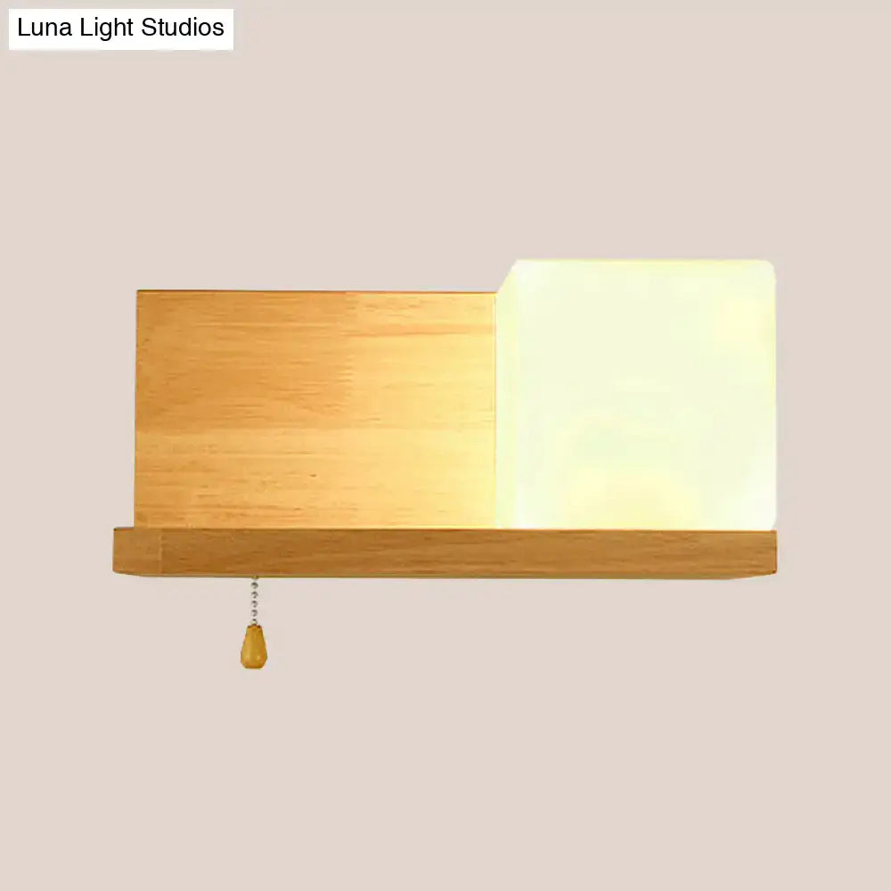 Beige Wood Cubic Wall Sconce by Decorbites; warm glowing cube shade with pull chain on Tampa Home & Garden Store