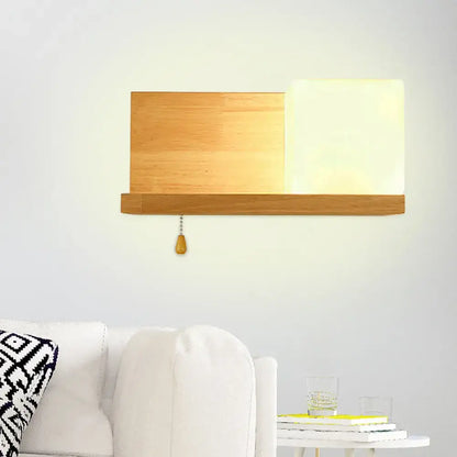 Beige Wood Cubic Wall Sconce by Decorbites, dual-cube design with pull chain on Tampa Home & Garden Store
