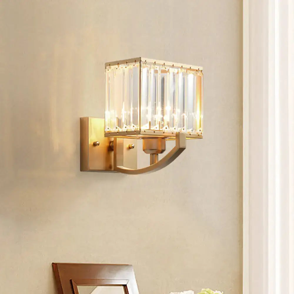 Crystal wall sconce light with gold brass frame and crystal prism shade by Decorbites on Tampa Home & Garden Store