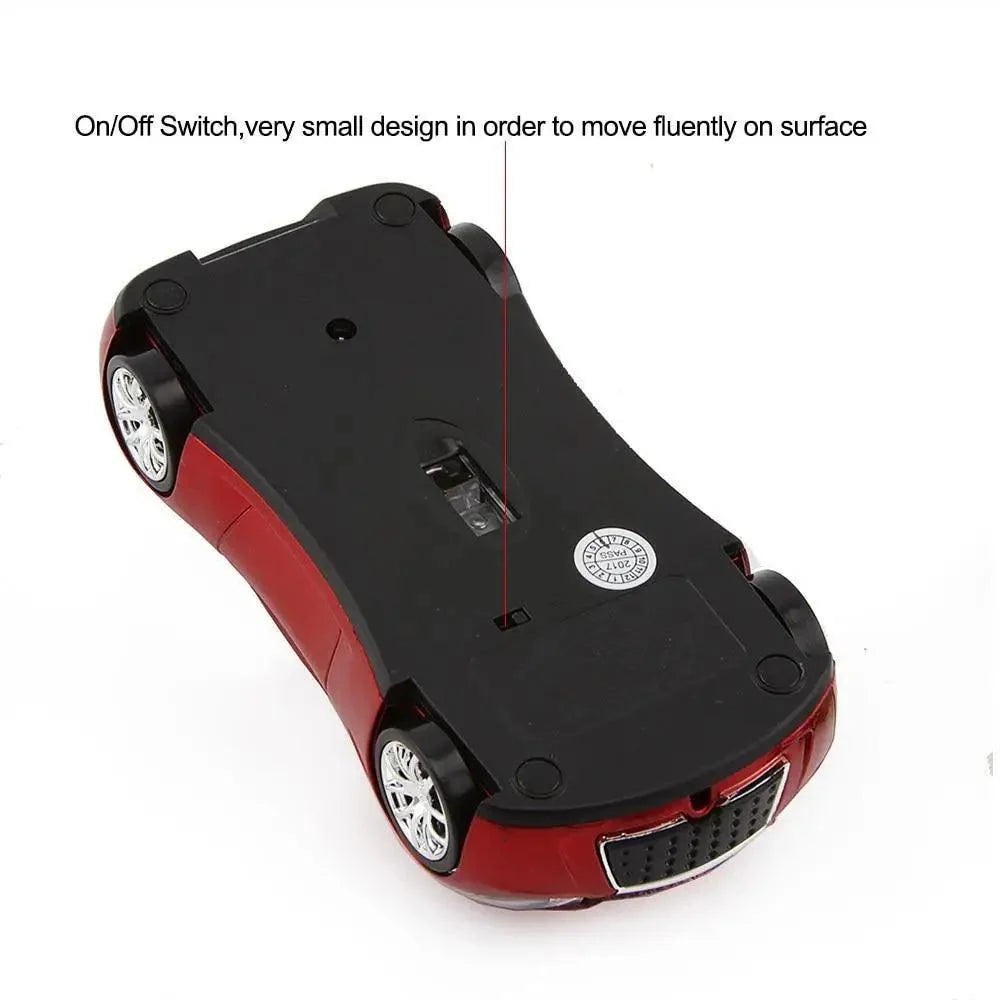 Stevvex car-shaped wireless mouse, red and black, bottom view with wheels, 1600 DPI on Tampa Home & Garden Store