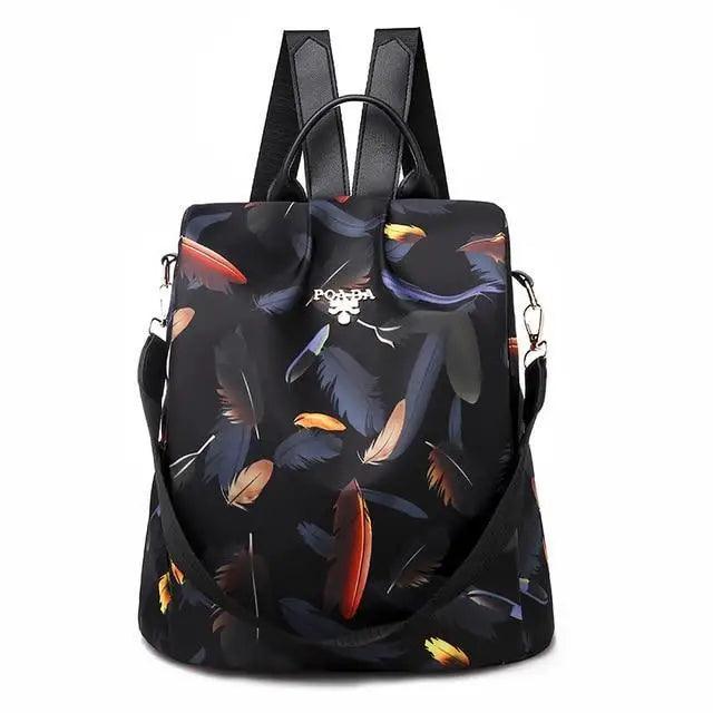 Modern Elegant Waterproof Women's Backpack with black feather print, anti-theft school bag on Tampa Home & Garden Store