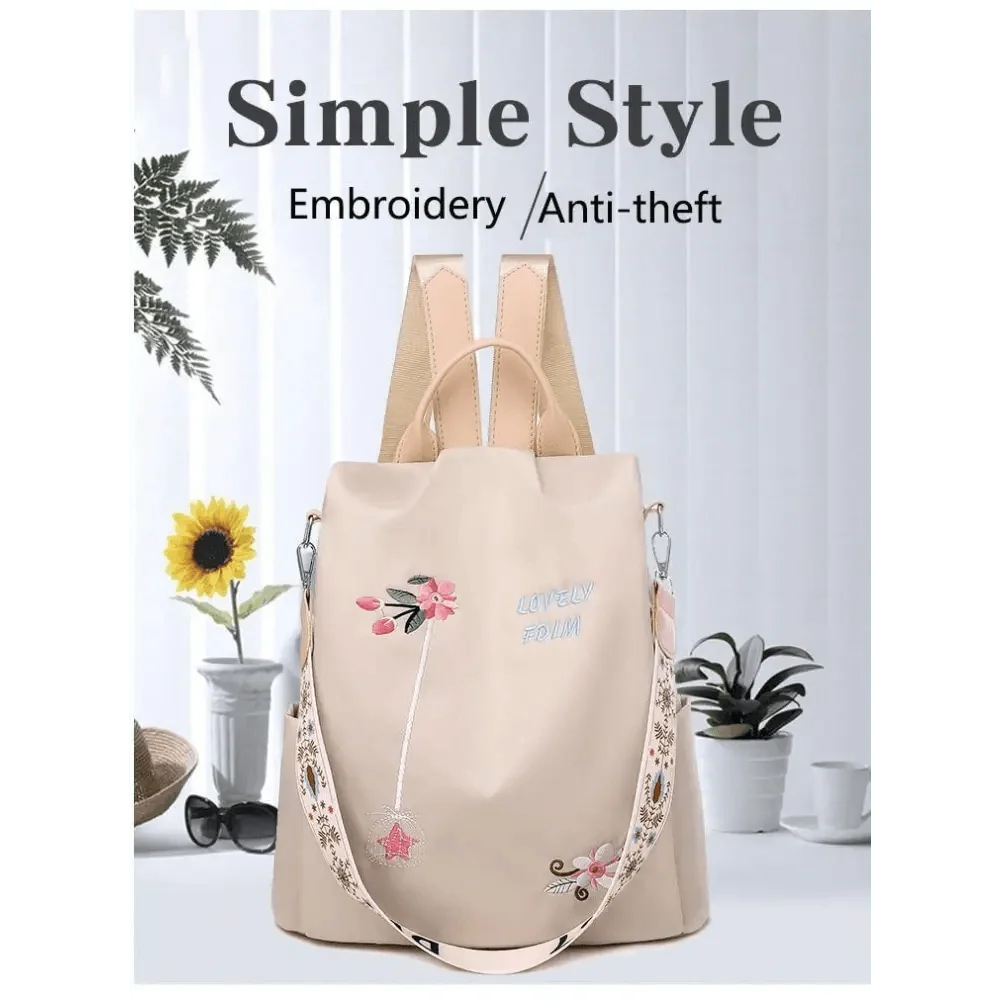 Stevvex waterproof women's backpack anti-theft with floral embroidery, beige on Tampa Home & Garden Store