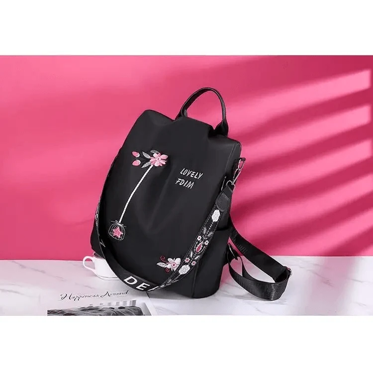 Modern Elegant Waterproof Women's Backpack with floral print, black anti-theft school bag on Tampa Home & Garden Store