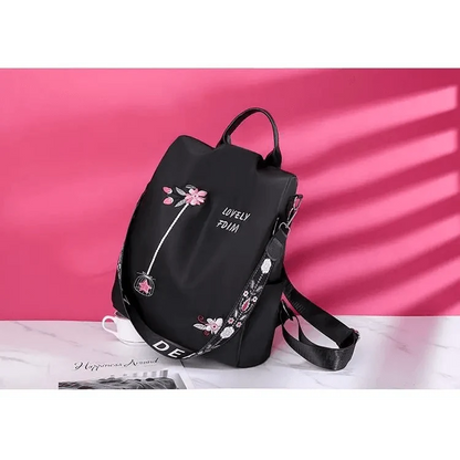 Modern Elegant Waterproof Women's Backpack with floral print, black anti-theft school bag on Tampa Home & Garden Store