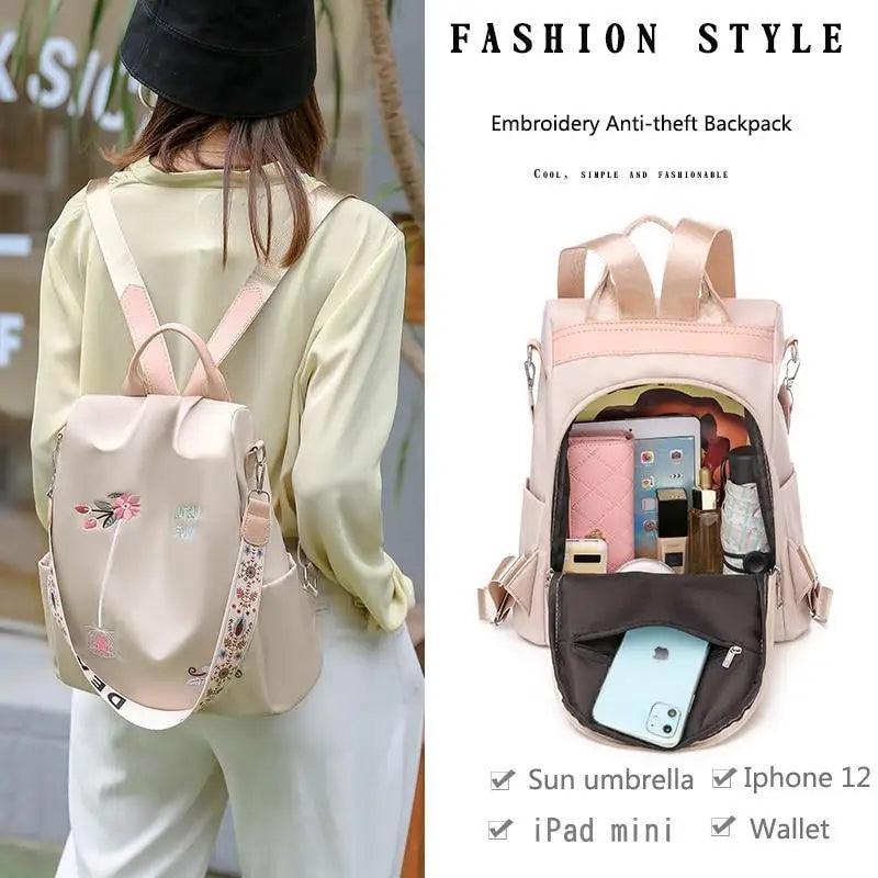 Backpack Stevvex waterproof women's beige-pink with floral embroidery and large capacity on Tampa Home & Garden Store