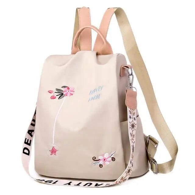 Modern Elegant Waterproof Women's Backpack beige with pink floral print by Stevvex, school bag on Tampa Home & Garden Store