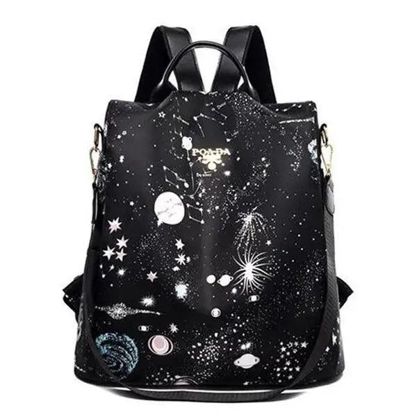 Modern Elegant Waterproof Women's Backpack with space print in black on Tampa Home & Garden Store