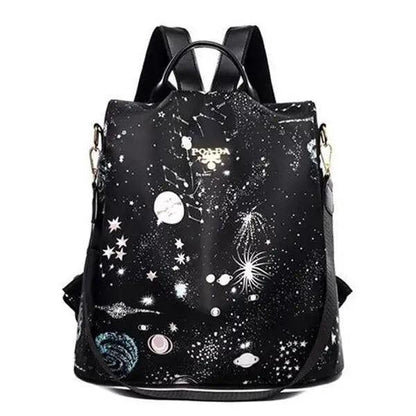 Modern Elegant Waterproof Women's Backpack with space print in black on Tampa Home & Garden Store