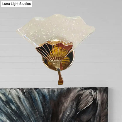 Gold Bubble Crystal Minimalist Sconce by Decorbites with fan base and shade on white wall on Tampa Home & Garden Store