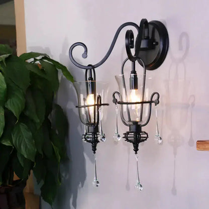 Modern Flared Black Metal Wall Lamp With Crystals