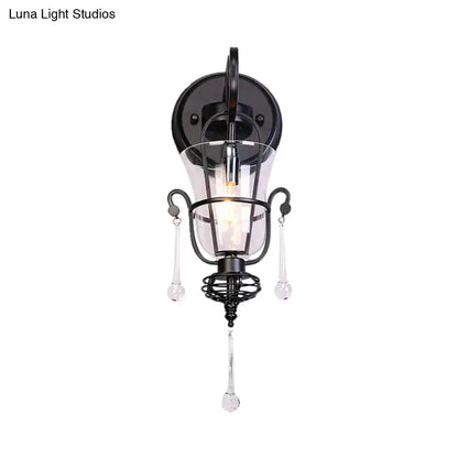 Modern Flared Black Metal Wall Lamp With Crystals