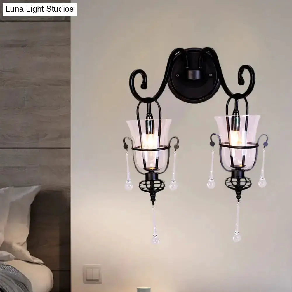 Modern Flared Black Metal Wall Lamp With Crystals