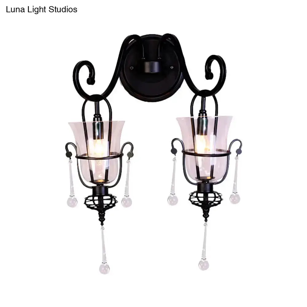 Modern Flared Black Metal Wall Lamp With Crystals