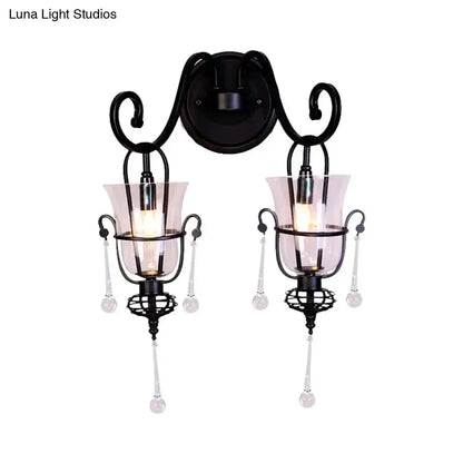Modern Flared Black Metal Wall Lamp With Crystals