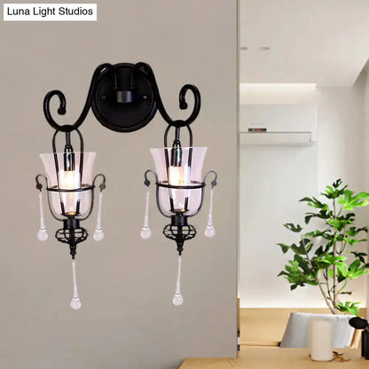 Modern Flared Black Metal Wall Lamp With Crystals