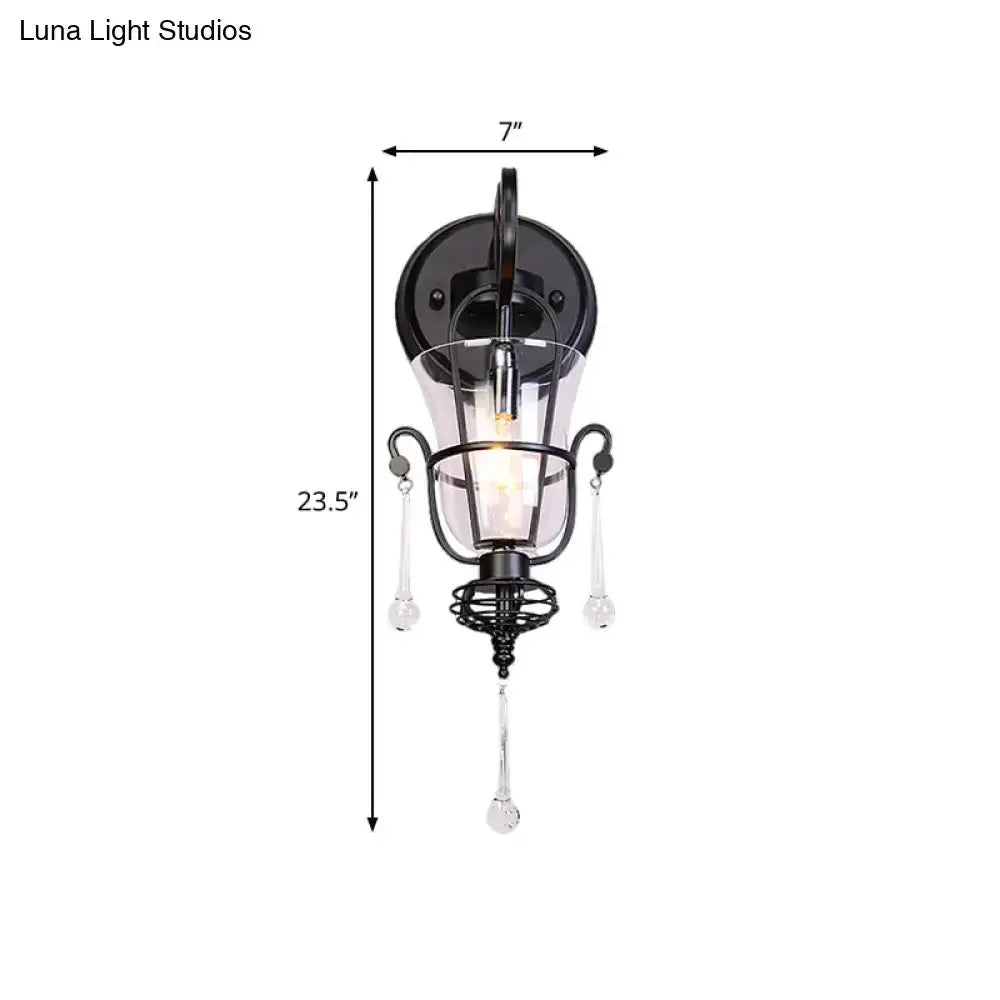 Modern Flared Black Metal Wall Lamp With Crystals