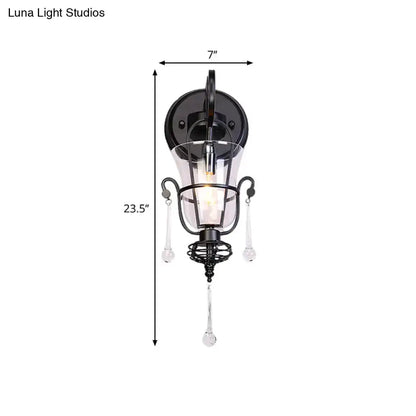 Modern Flared Black Metal Wall Lamp With Crystals