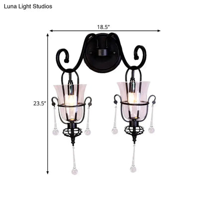 Modern Flared Black Metal Wall Lamp With Crystals