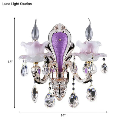 Purple Glass Crystal Sconce by Decorbites with crystal drops and pink shades 18x14in on Tampa Home & Garden Store