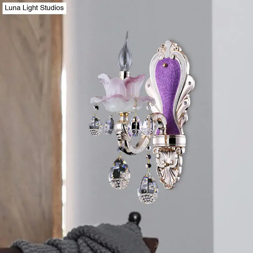 Purple Glass Crystal Sconce by Decorbites with lavender shade and crystal drops on Tampa Home & Garden Store