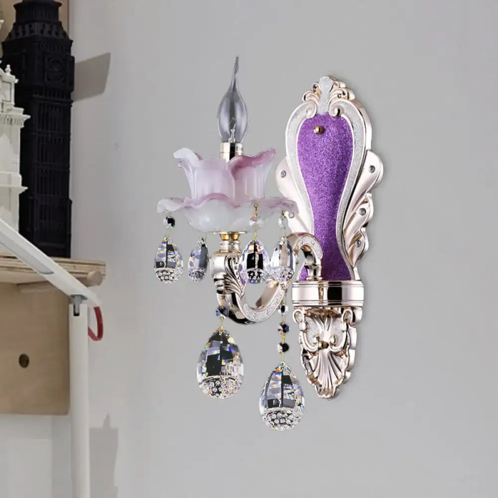 Purple Glass Crystal Sconce with silver mount purple back panel and crystal prisms on Tampa Home & Garden Store