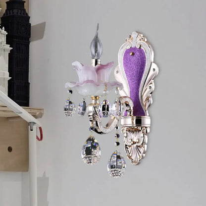 Purple Glass Crystal Sconce with silver mount purple back panel and crystal prisms on Tampa Home & Garden Store