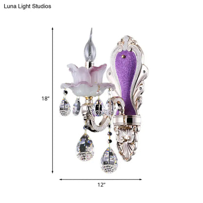 Purple Glass Crystal Sconce with ornate silver frame and hanging teardrop prisms on Tampa Home & Garden Store