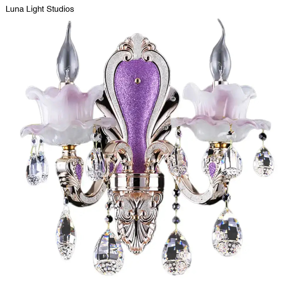 Purple glass crystal sconce by Decorbites with lilac flower shades and crystal drops, 2-light on Tampa Home & Garden Store