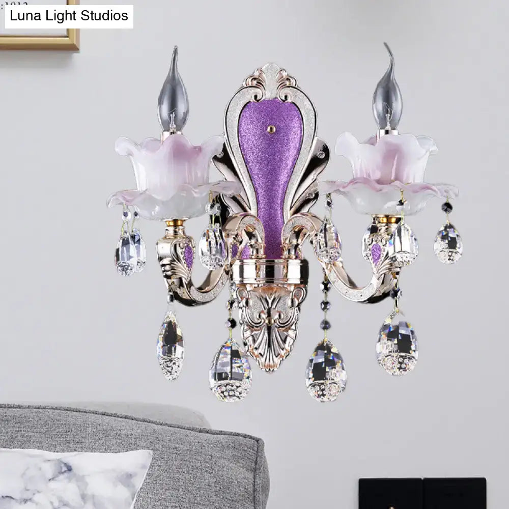 Purple glass crystal sconce with two arms, pink flower shades, and crystal drops Decorbites on Tampa Home & Garden Store