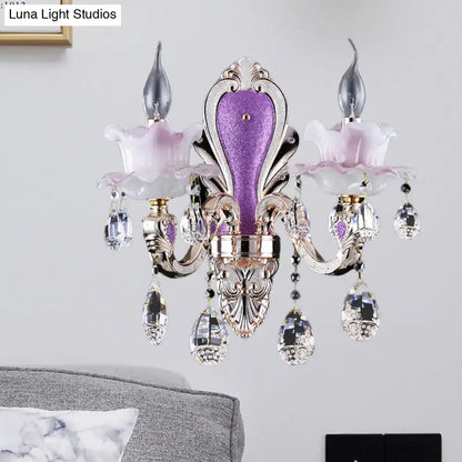 Purple glass crystal sconce with two arms, pink flower shades, and crystal drops Decorbites on Tampa Home & Garden Store