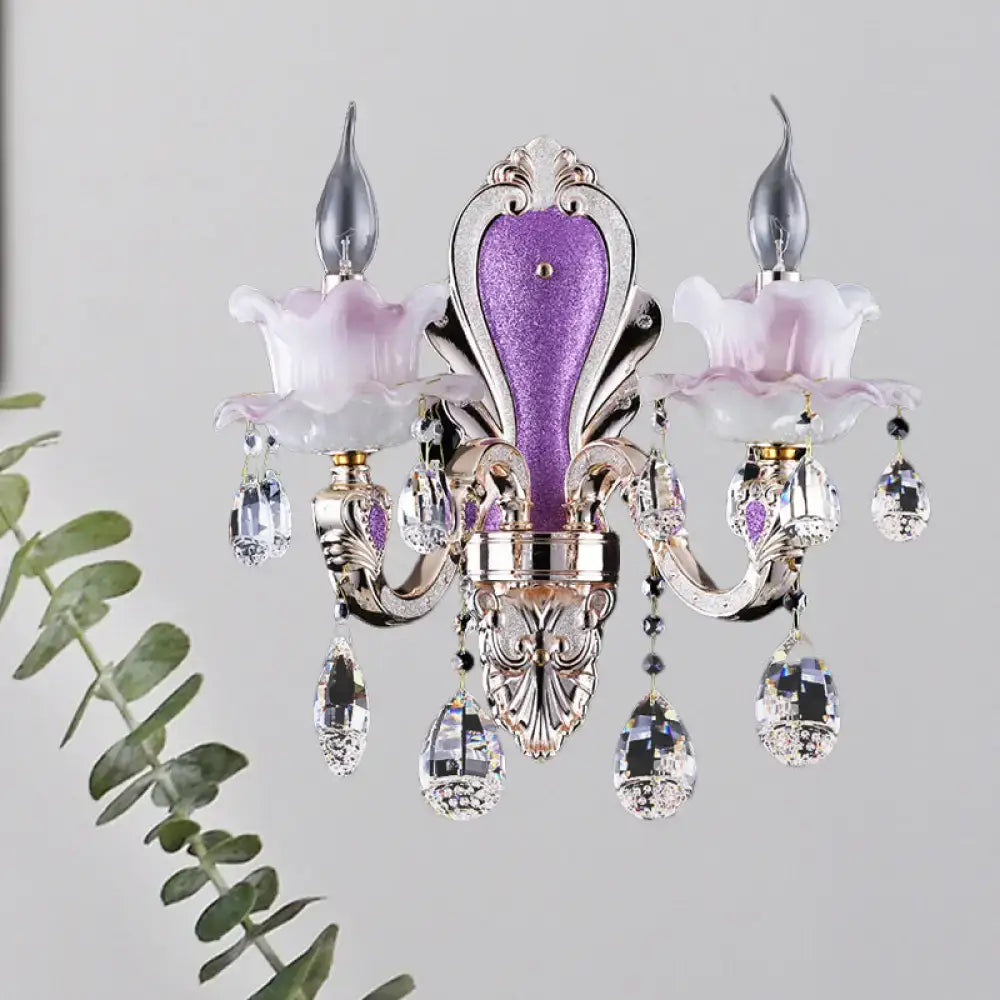 Decorbites Purple Glass Crystal Sconce with ornate silver frame, lilac shades and crystal drops on Tampa Home & Garden Store