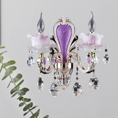 Decorbites Purple Glass Crystal Sconce with ornate silver frame, lilac shades and crystal drops on Tampa Home & Garden Store