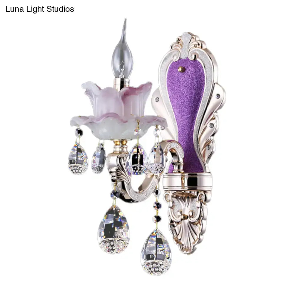 Purple Glass Crystal Sconce by Decorbites with glitter backplate and crystal drops on Tampa Home & Garden Store
