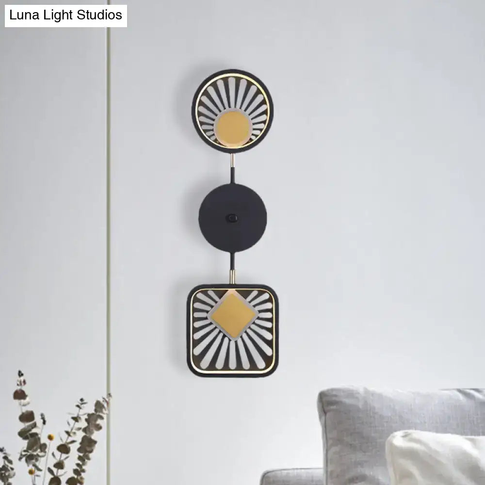 Gold Black industrial LED wall sconce by Decorbites with round sunburst top and square panel on Tampa Home & Garden Store