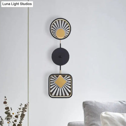 Gold Black industrial LED wall sconce by Decorbites with round sunburst top and square panel on Tampa Home & Garden Store