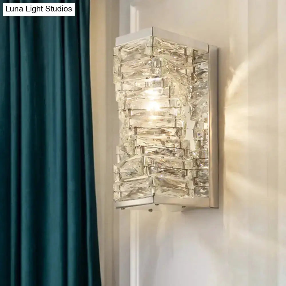 Decorbites modern geometric crystal wall sconce with clear crystal blocks and silver backplate on Tampa Home & Garden Store