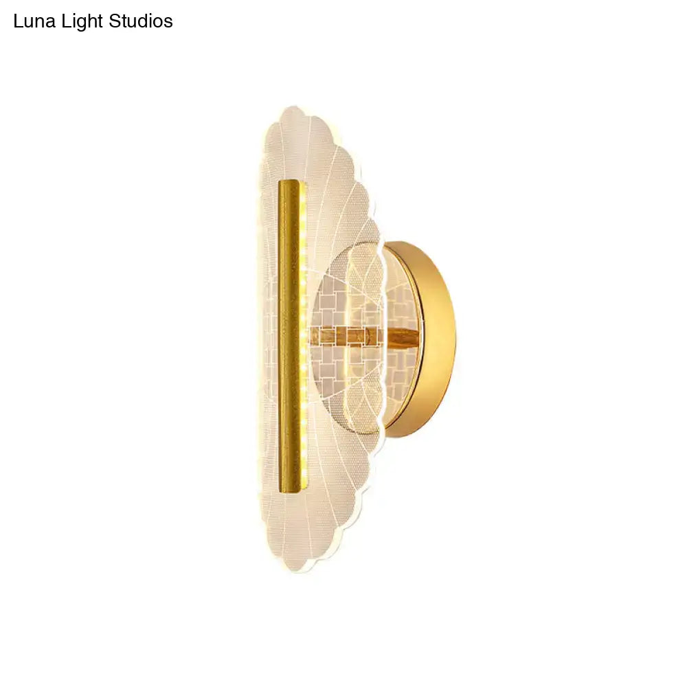 Gold geometric acrylic wall sconce with scalloped backplate and vertical LED bar by Decorbites on Tampa Home & Garden Store