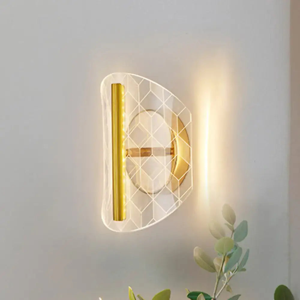Gold geometric acrylic wall sconce by Decorbites with lattice grid panel and warm LED on Tampa Home & Garden Store