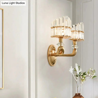 Modern geometric gold wall lamp sconce by Decorbites with crystal prisms, double light on Tampa Home & Garden Store