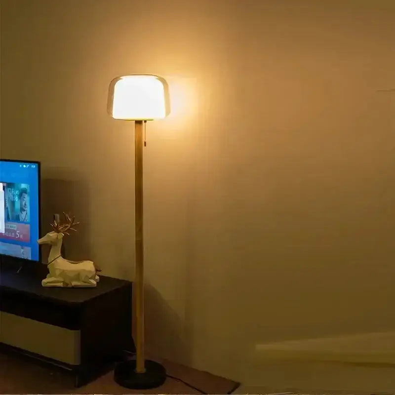 Modern Glass Floor Lamp with Wood Pole for Home
