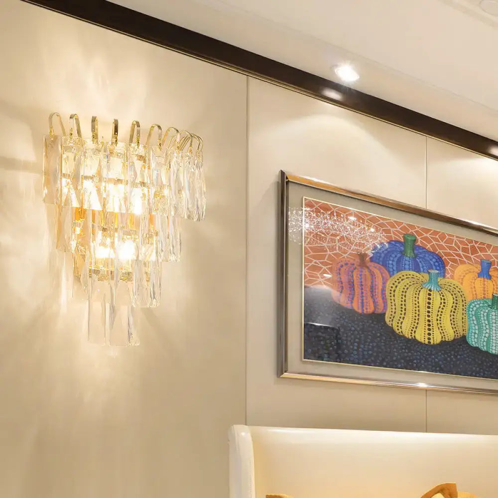 Gold crystal rectangle-cut three-light sconce with hanging prisms by Decorbites on Tampa Home & Garden Store