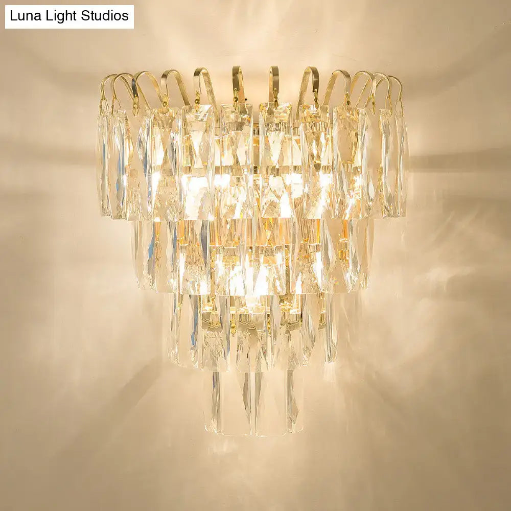Gold Crystal Rectangle-Cut Three-Light Sconce with cascading prisms by Decorbites on Tampa Home & Garden Store
