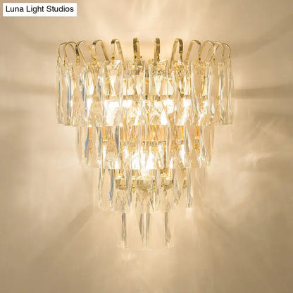 Gold Crystal Rectangle-Cut Three-Light Sconce with cascading prisms by Decorbites on Tampa Home & Garden Store