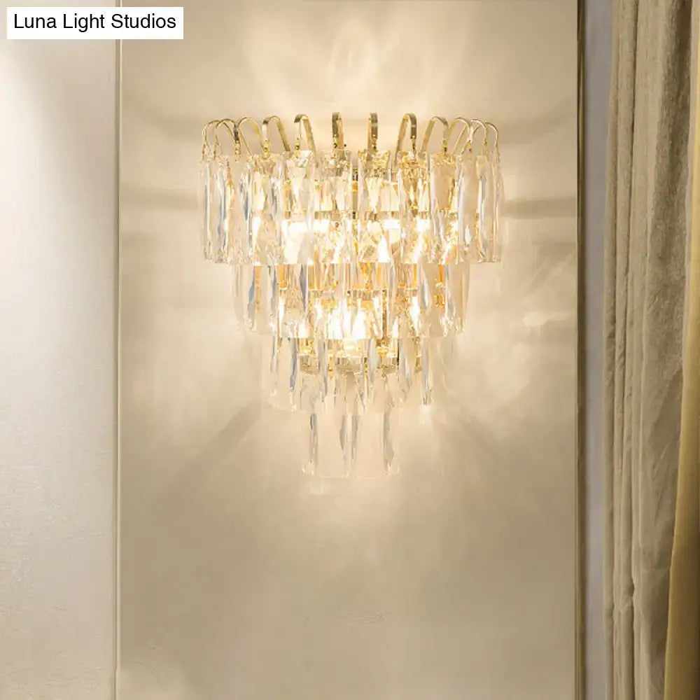 Gold Crystal Rectangle-Cut Three-Light Sconce by Decorbites with hanging crystals on Tampa Home & Garden Store