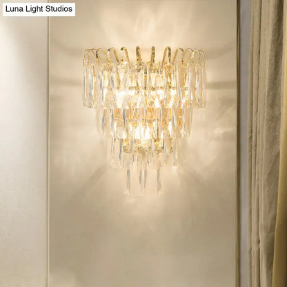 Gold Crystal Rectangle-Cut Three-Light Sconce by Decorbites with hanging crystals on Tampa Home & Garden Store