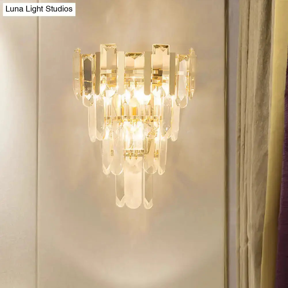 Decorbites modern gold crystal wall sconce, 3-headed with hanging prisms, 15-inch fixture on Tampa Home & Garden Store
